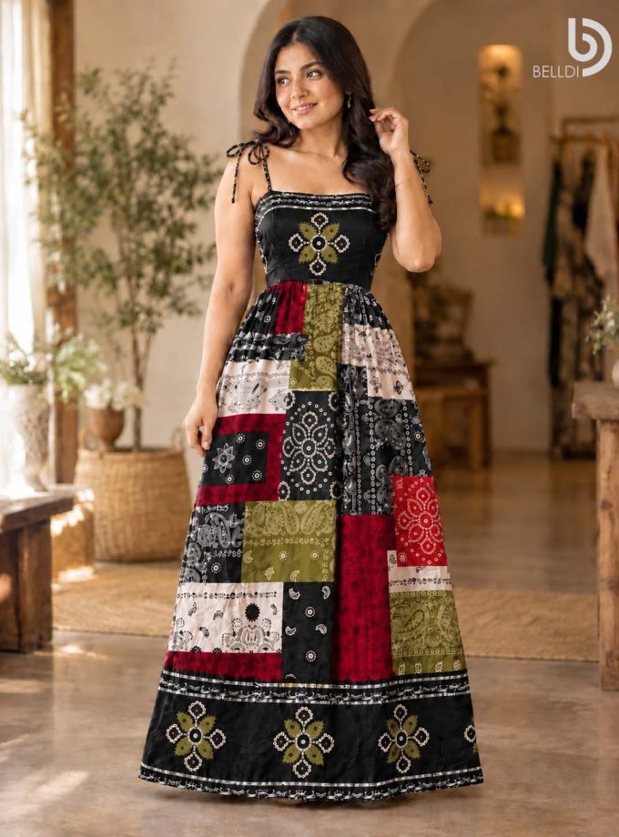 PAISLEY PATCHWORK TIE-STRAP MAXI DRESS