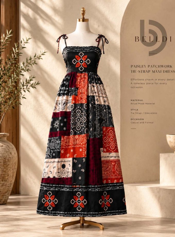 PAISLEY PATCHWORK TIE-STRAP MAXI DRESS
