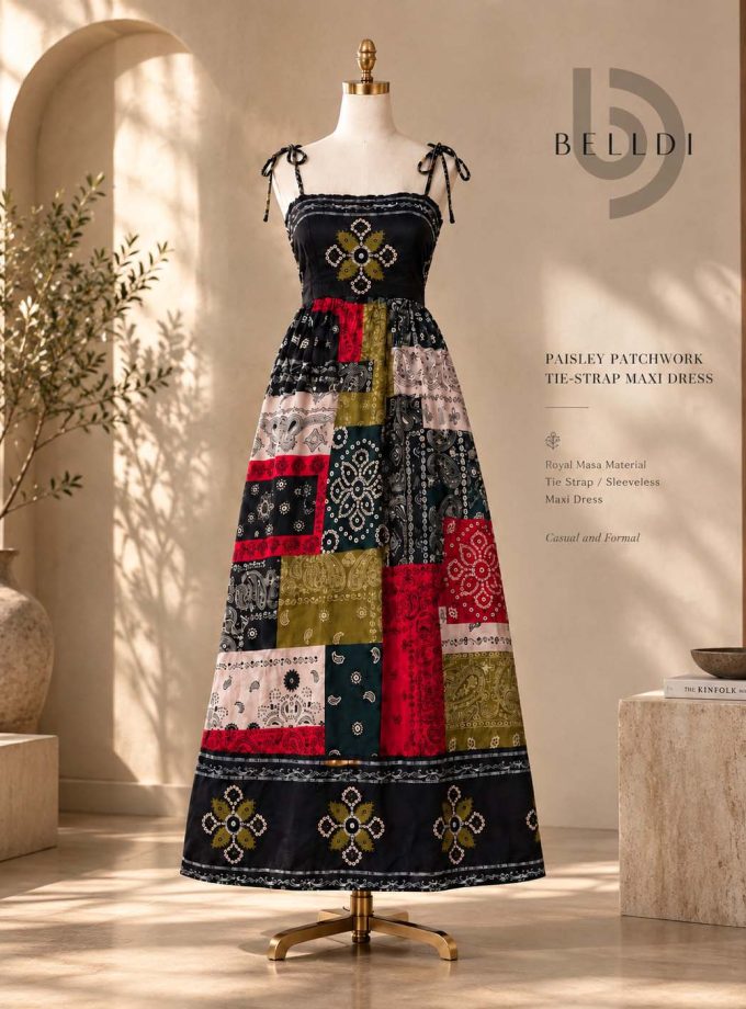 PAISLEY PATCHWORK TIE-STRAP MAXI DRESS