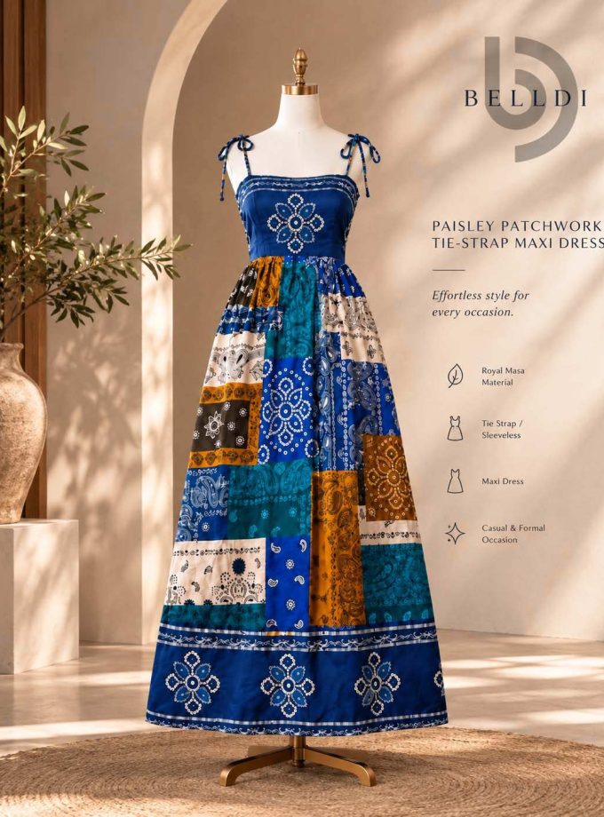 PAISLEY PATCHWORK TIE-STRAP MAXI DRESS