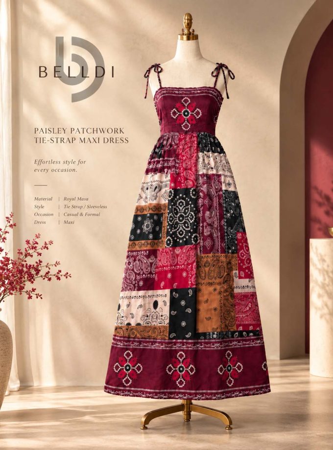 PAISLEY PATCHWORK TIE-STRAP MAXI DRESS