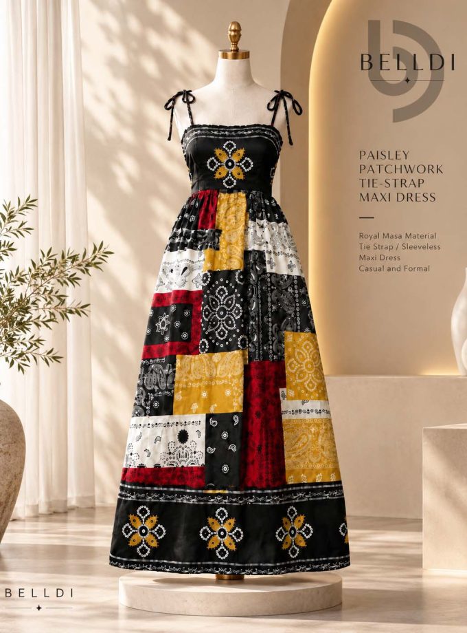 PAISLEY PATCHWORK TIE-STRAP MAXI DRESS