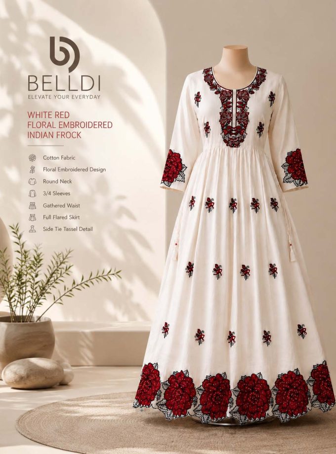 WHITE RED FLORAL EMBROIDERED INDIAN FROCK