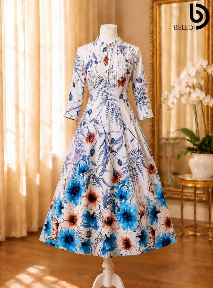 MANDARIN COLLAR FLORAL PRINTED LONG FROCK