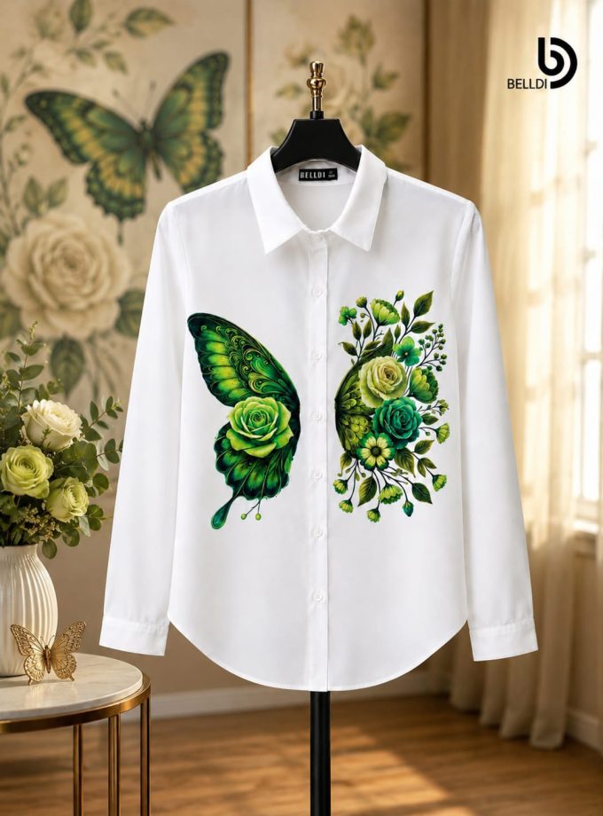 GREEN BUTTRTFLY PRINTED LONG SLEEVE BLOUSE