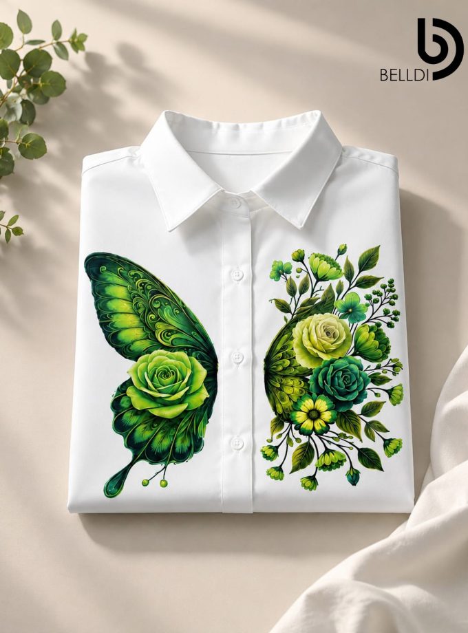 GREEN BUTTRTFLY PRINTED LONG SLEEVE BLOUSE