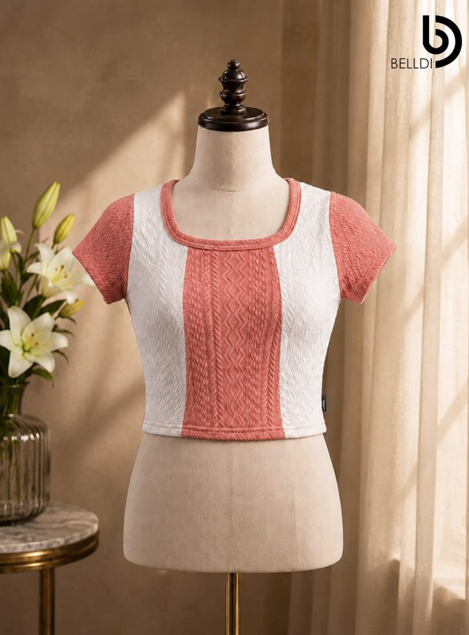TWO-TONE TEXTURED SHORT SLEEVE TOP