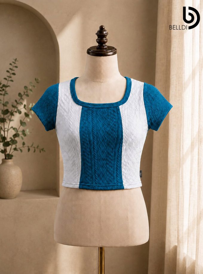 TWO-TONE TEXTURED SHORT SLEEVE TOP