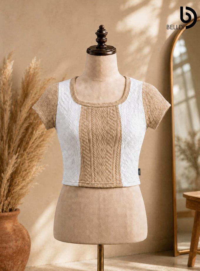 TWO-TONE TEXTURED SHORT SLEEVE TOP