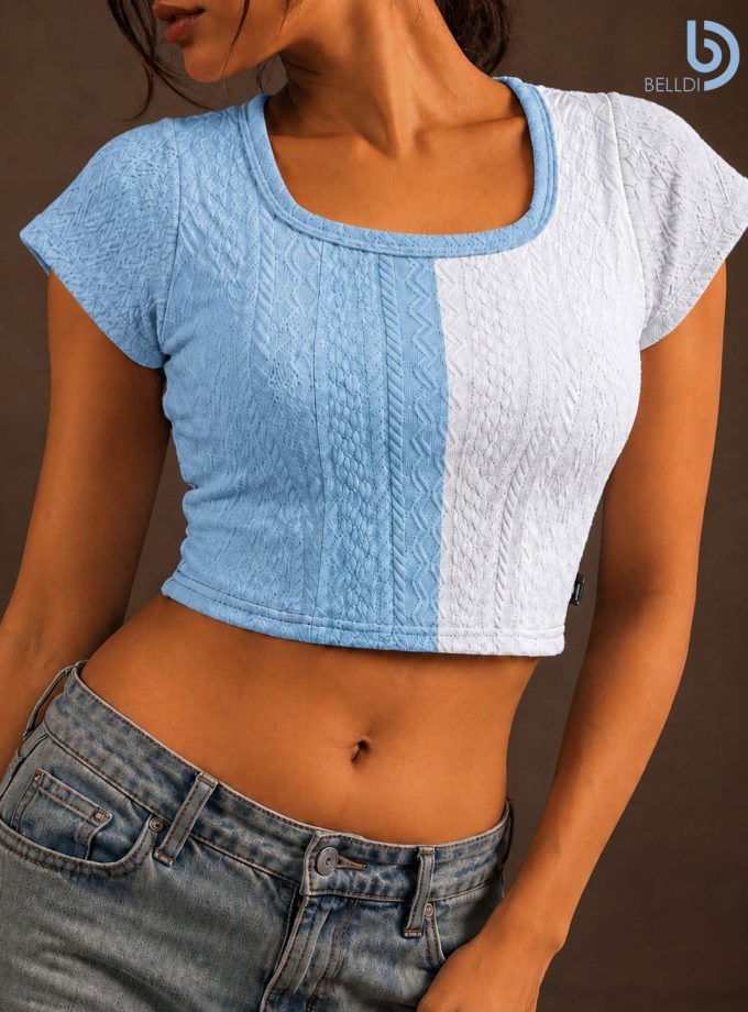 TWO-TONE TEXTURED SHORT SLEEVE TOP