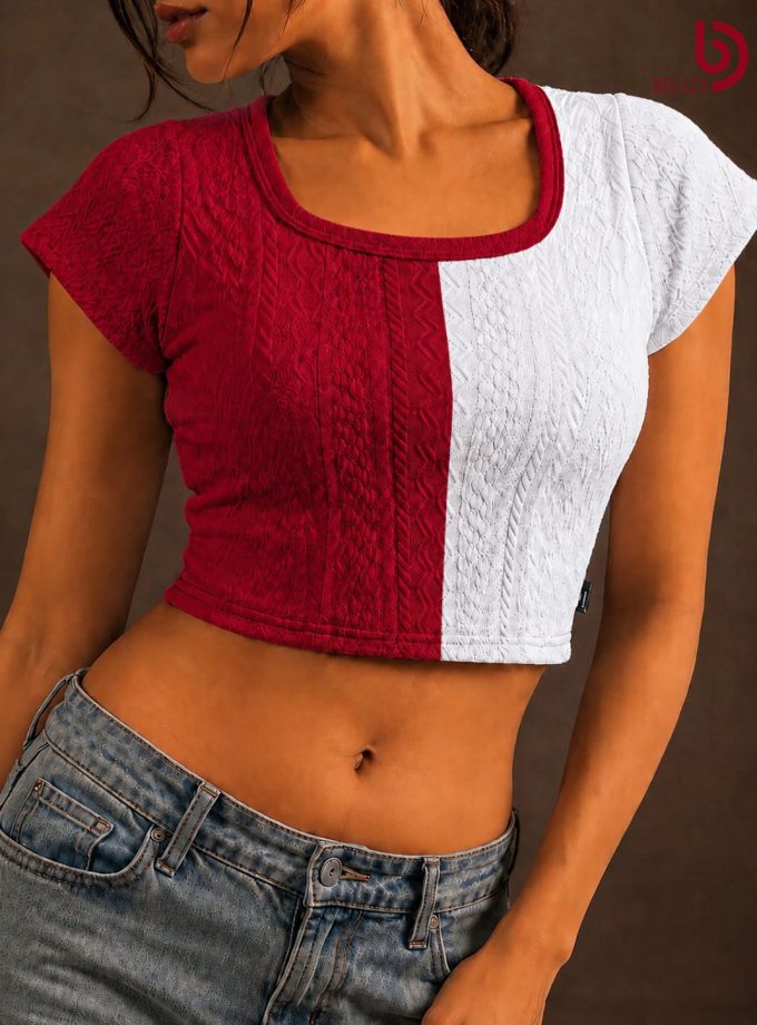 TWO-TONE TEXTURED SHORT SLEEVE TOP