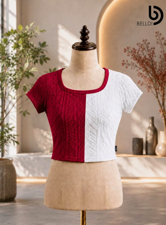 TWO-TONE TEXTURED SHORT SLEEVE TOP