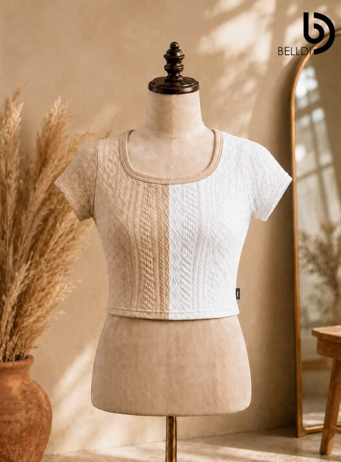 TWO-TONE TEXTURED SHORT SLEEVE TOP