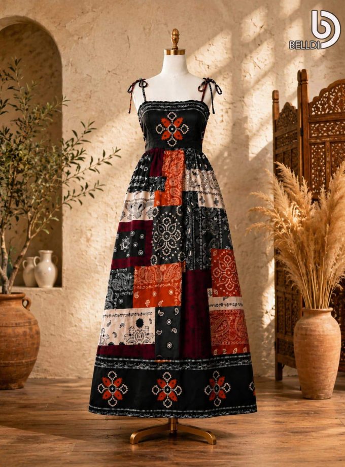 PAISLEY PATCHWORK TIE-STRAP MAXI DRESS