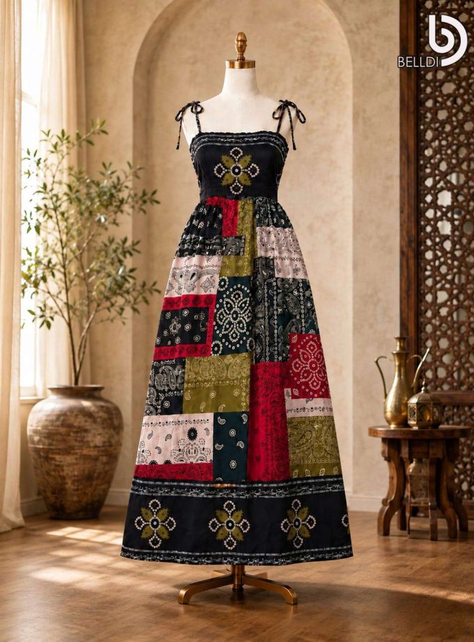 PAISLEY PATCHWORK TIE-STRAP MAXI DRESS