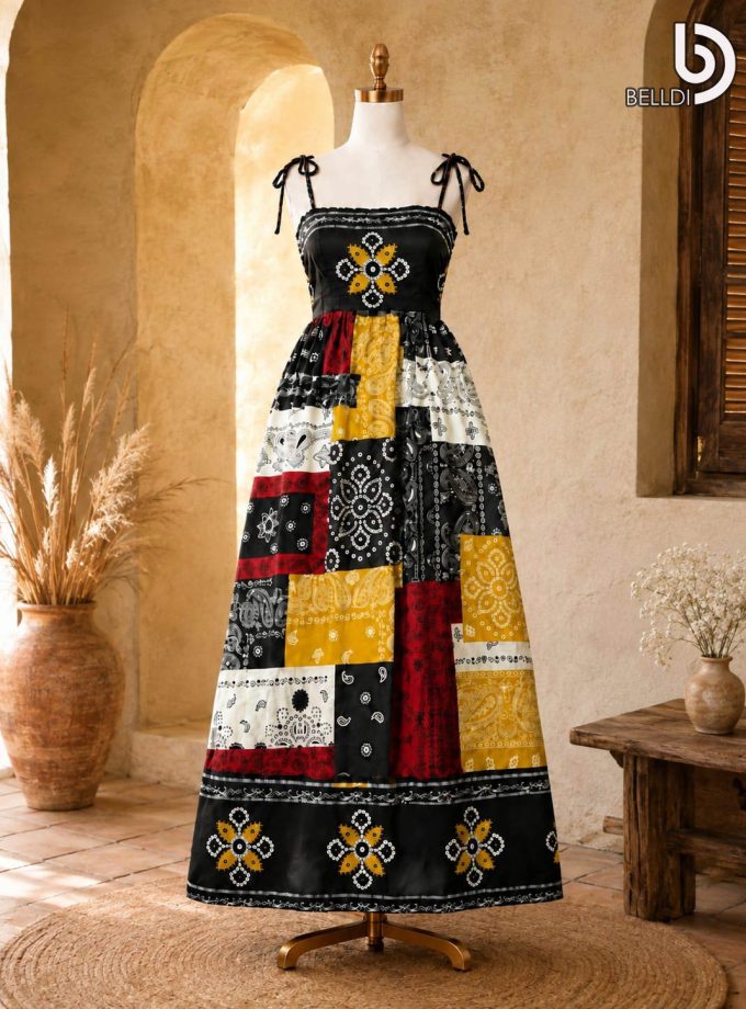 PAISLEY PATCHWORK TIE-STRAP MAXI DRESS