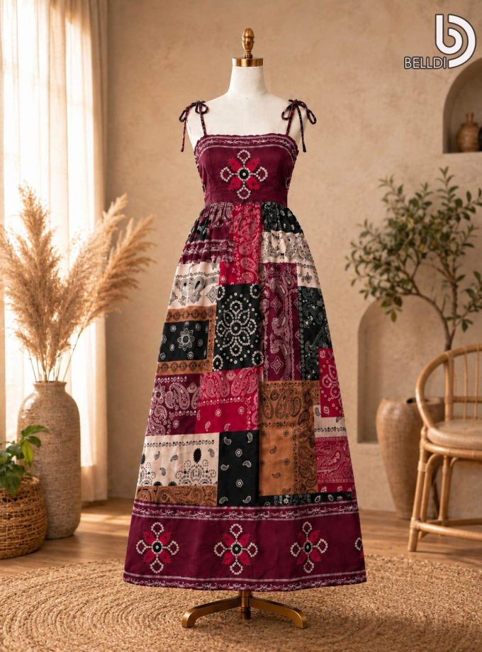 PAISLEY PATCHWORK TIE-STRAP MAXI DRESS