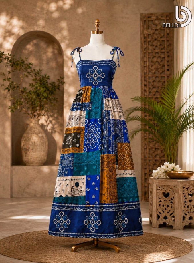 PAISLEY PATCHWORK TIE-STRAP MAXI DRESS
