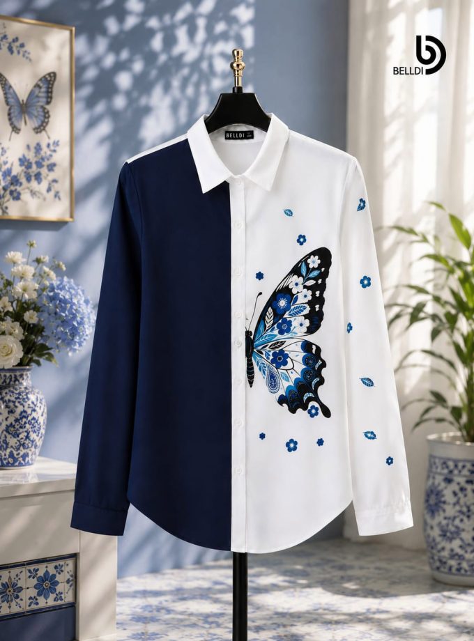 BLUE BUTTERFLY PRINTED LONG SLEEVE BLOUSE