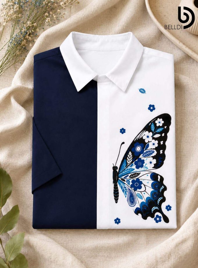BLUE BUTTERFLY PRINTED LONG SLEEVE BLOUSE
