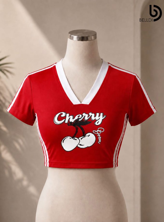 CHERRY V-NECK CROP TOP