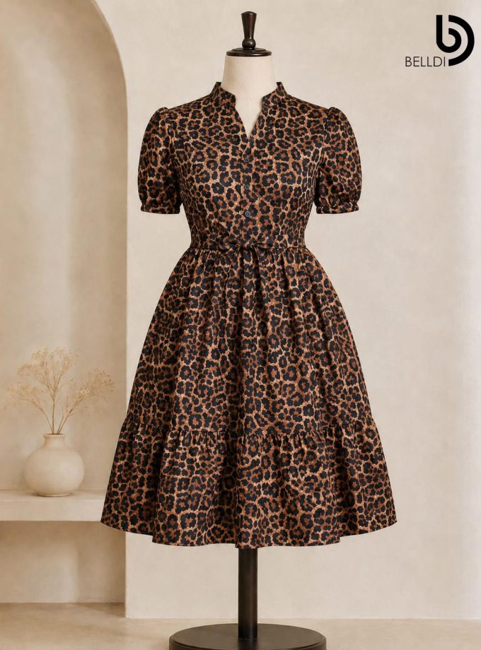 LEOPARD PRINT PUFF SLEEVE MIDI DRESS