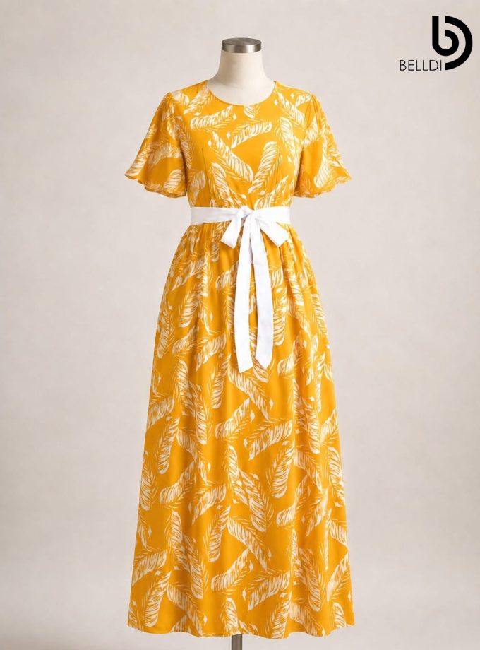 MUSTARD LEAF PRINT BELTED MAXI DRESS