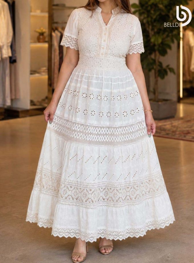 WHITE EYELET EMBROIDERED MAXI DRESS