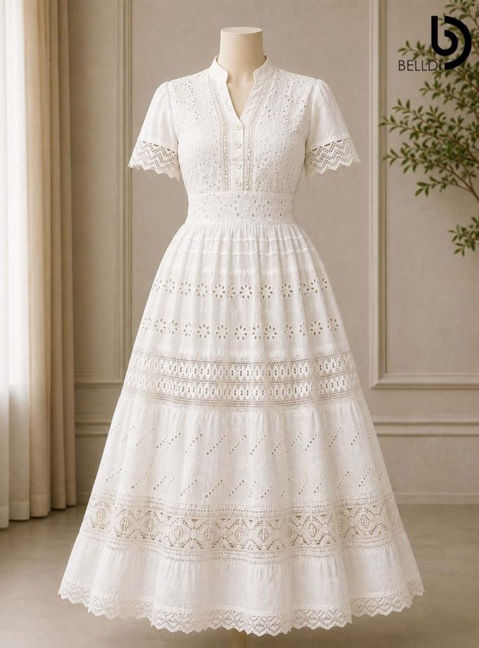 WHITE EYELET EMBROIDERED MAXI DRESS