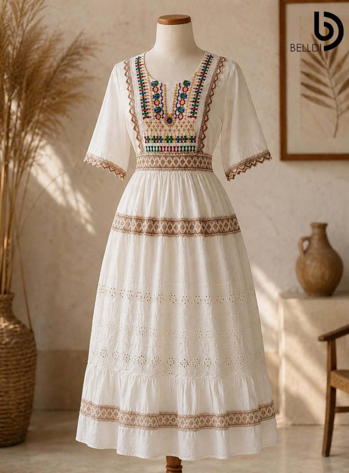 MULTI EMBROIDERED LACE DETAIL MAXI DRESS
