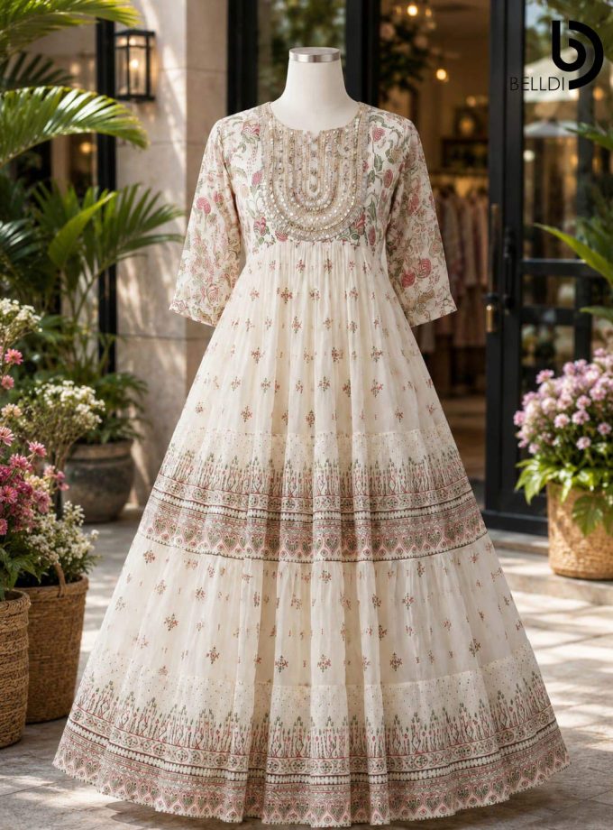 ELEGANT FLORAL BORDER DETAIL LONG DRESS