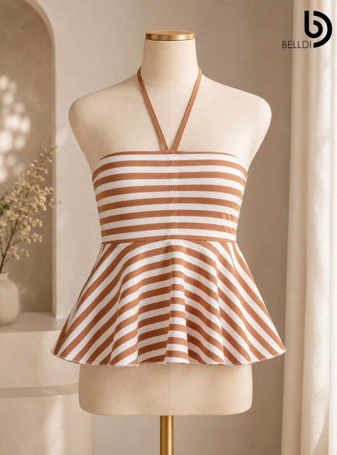 BROWN STRIPE HALTER NECK PEPLUM TOP