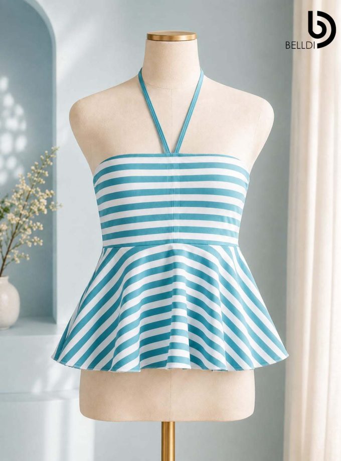 LIGHT BLUE STRIPE HALTER NECK PEPLUM TOP