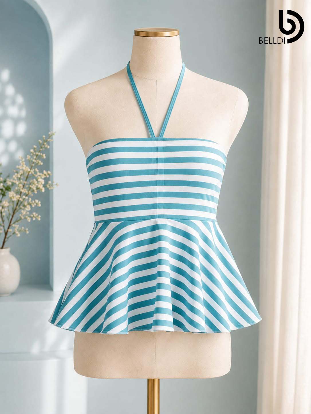 LIGHT BLUE STRIPE HALTER NECK PEPLUM TOP