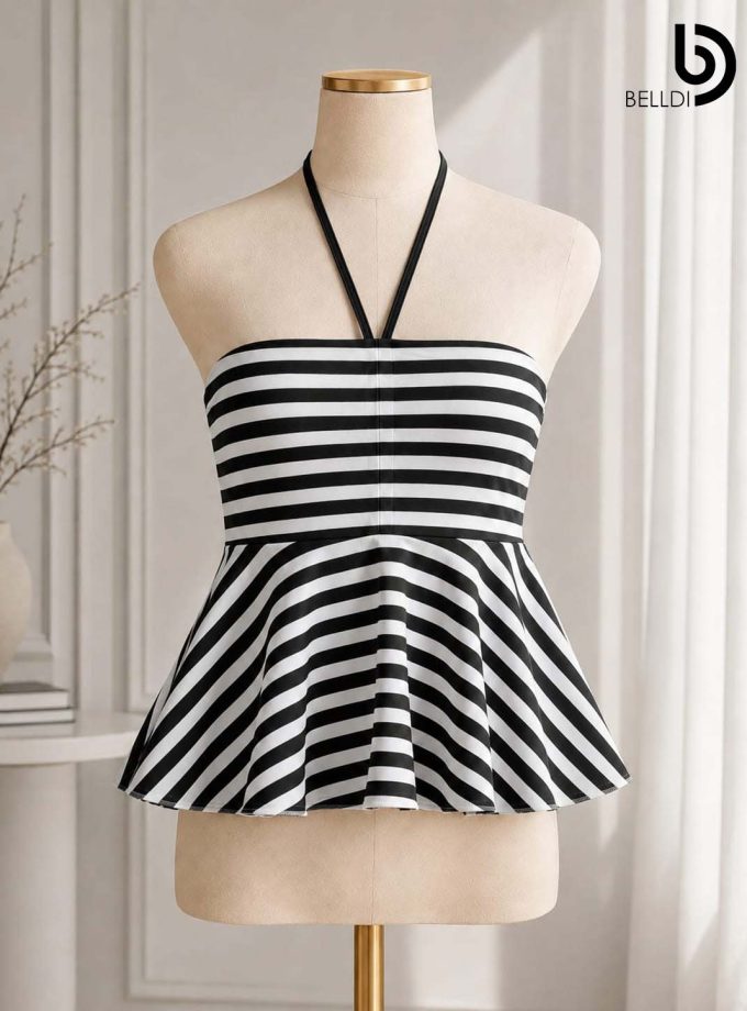BLACK STRIPE HALTER NECK PEPLUM TOP