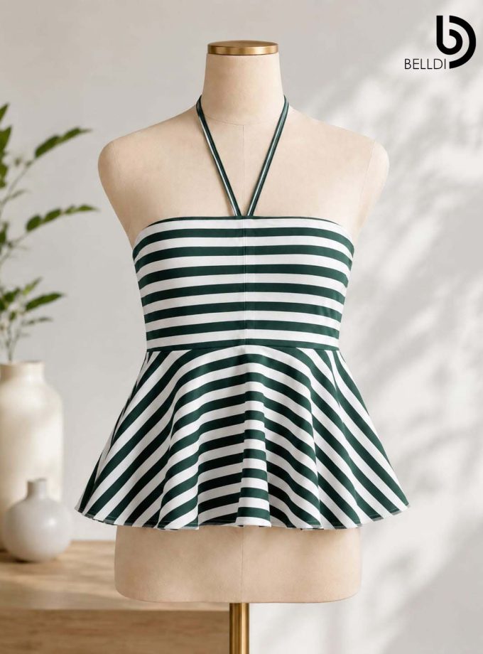 GREEN STRIPE HALTER NECK PEPLUM TOP