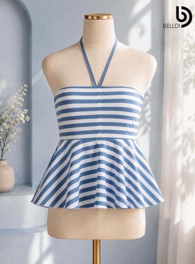 DARK BLUE STRIPE HALTER NECK PEPLUM TOP