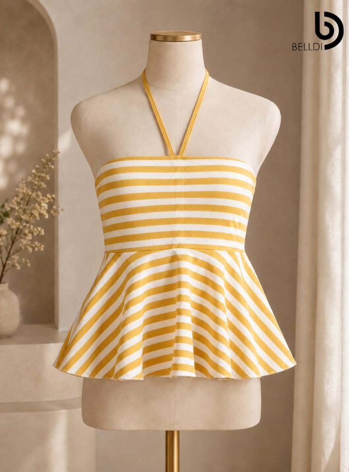 YELLOW STRIPE HALTER NECK PEPLUM TOP