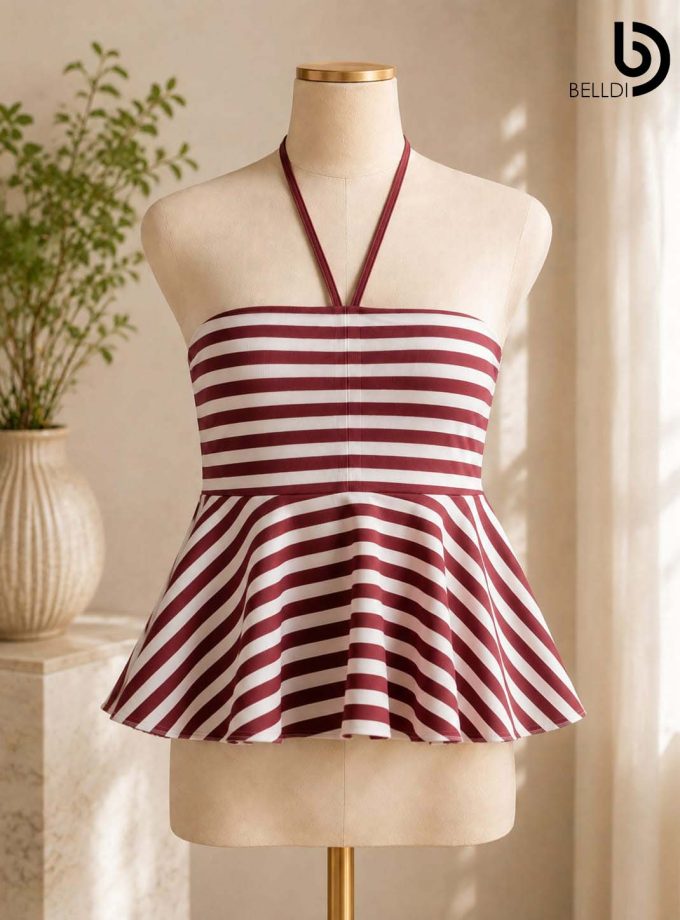 MAROON STRIPE HALTER NECK PEPLUM TOP