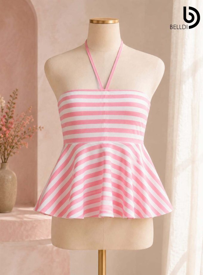 PINK STRIPE HALTER NECK PEPLUM TOP