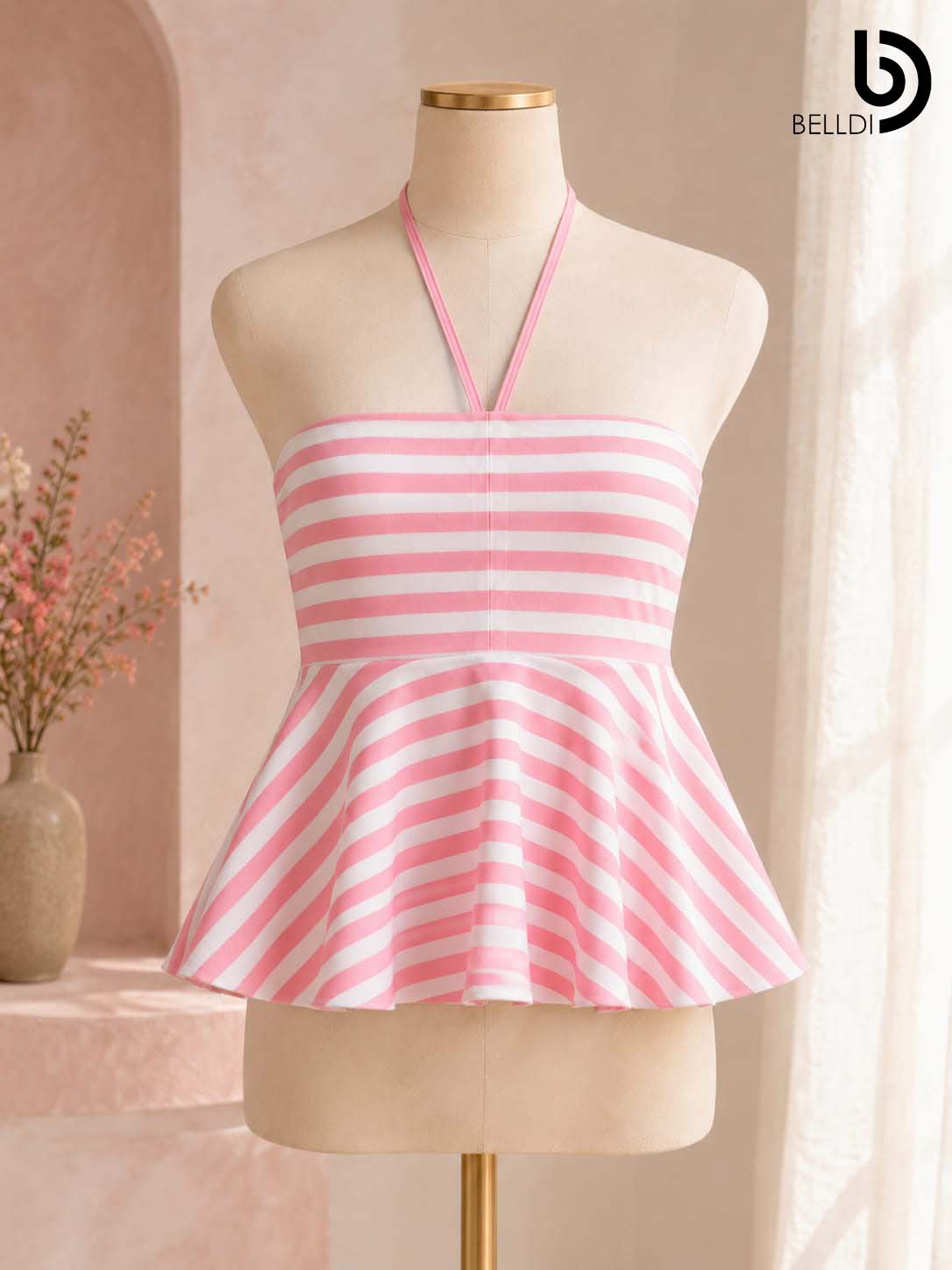 PINK STRIPE HALTER NECK PEPLUM TOP