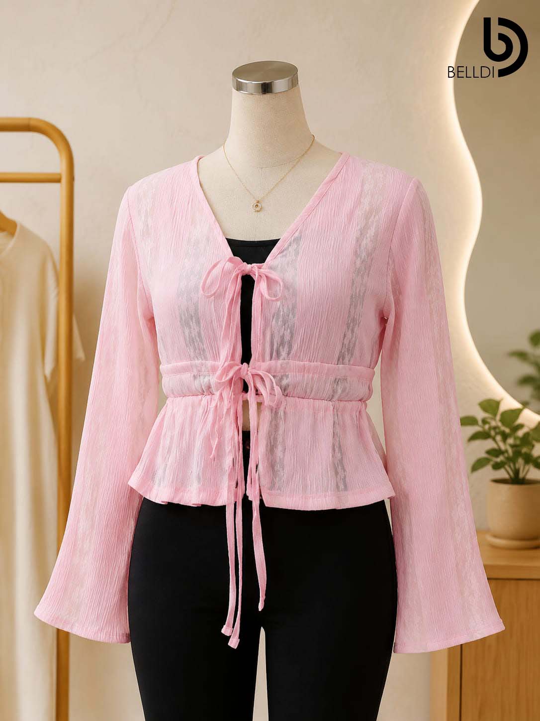 PINK LACE TEXTURE TIE-FRONT CROP TOP