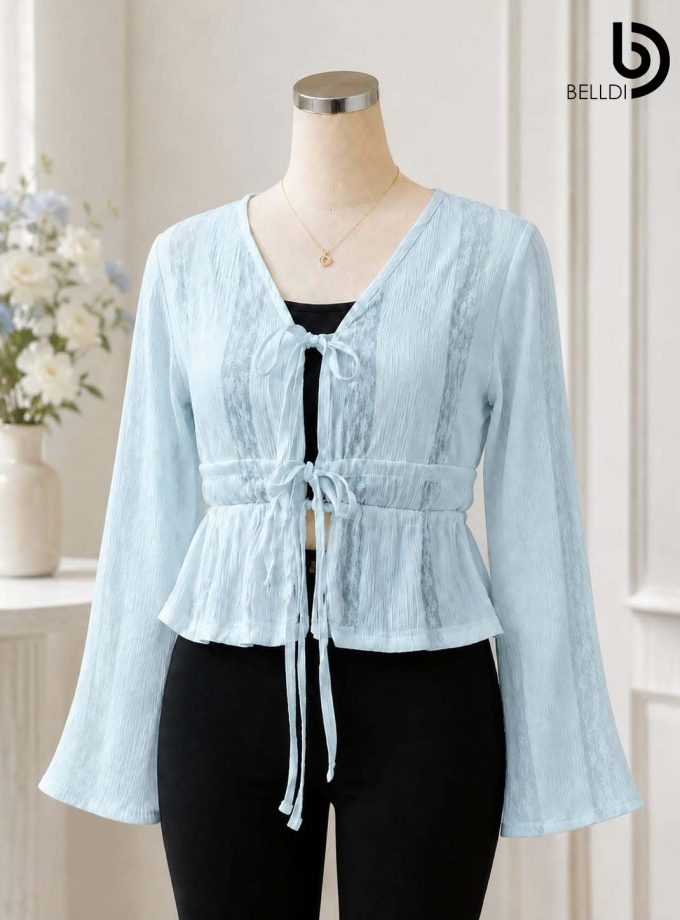 BLUE LACE TEXTURE TIE-FRONT CROP TOP