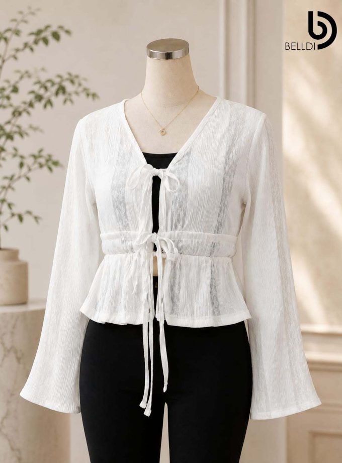 WHITE LACE TEXTURE TIE-FRONT CROP TOP