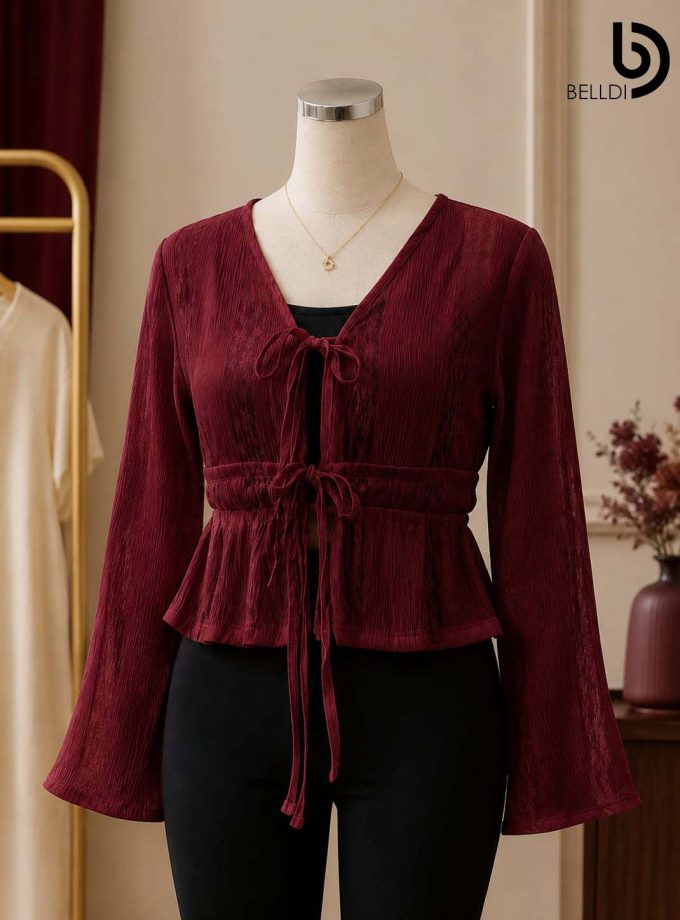 MAROON LACE TEXTURE TIE-FRONT CROP TOP