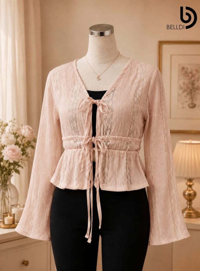PEACH LACE TEXTURE TIE-FRONT CROP TOP