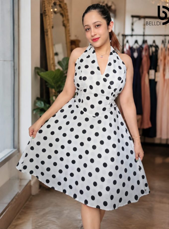 BLACK & WHITE POLKA DOT HALTER NECK FROCK