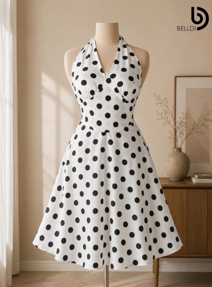 BLACK & WHITE POLKA DOT HALTER NECK FROCK