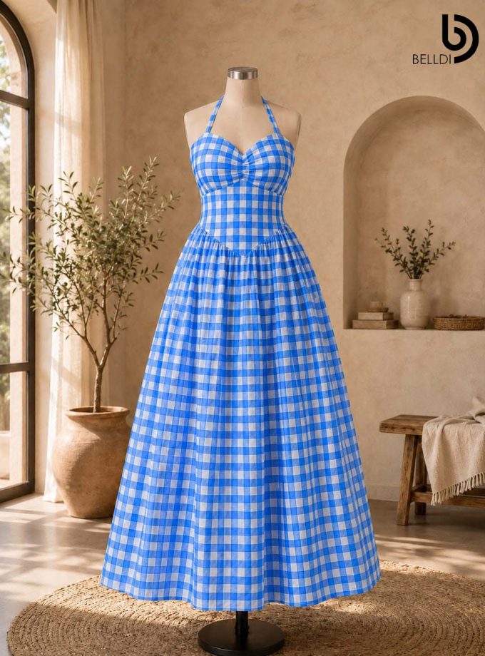 CHECKERED HALTER MAXI DRESS