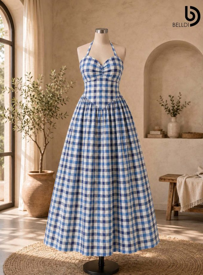 CHECKERED HALTER MAXI DRESS
